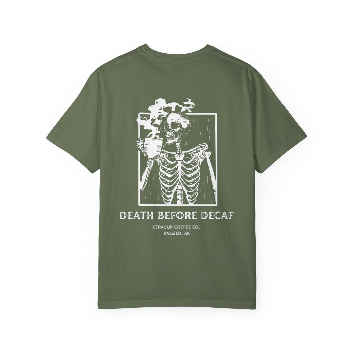 Gothic Coffee Lover T-Shirt, Unisex Skeleton Shirt, Death Before Decaf Tee, Halloween Apparel, Graphic Tee for Coffee Enthusiasts