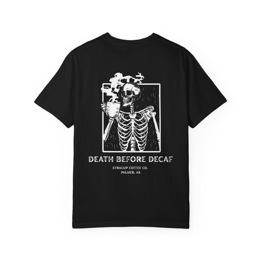 Gothic Coffee Lover T-Shirt, Unisex Skeleton Shirt, Death Before Decaf Tee, Halloween Apparel, Graphic Tee for Coffee Enthusiasts
