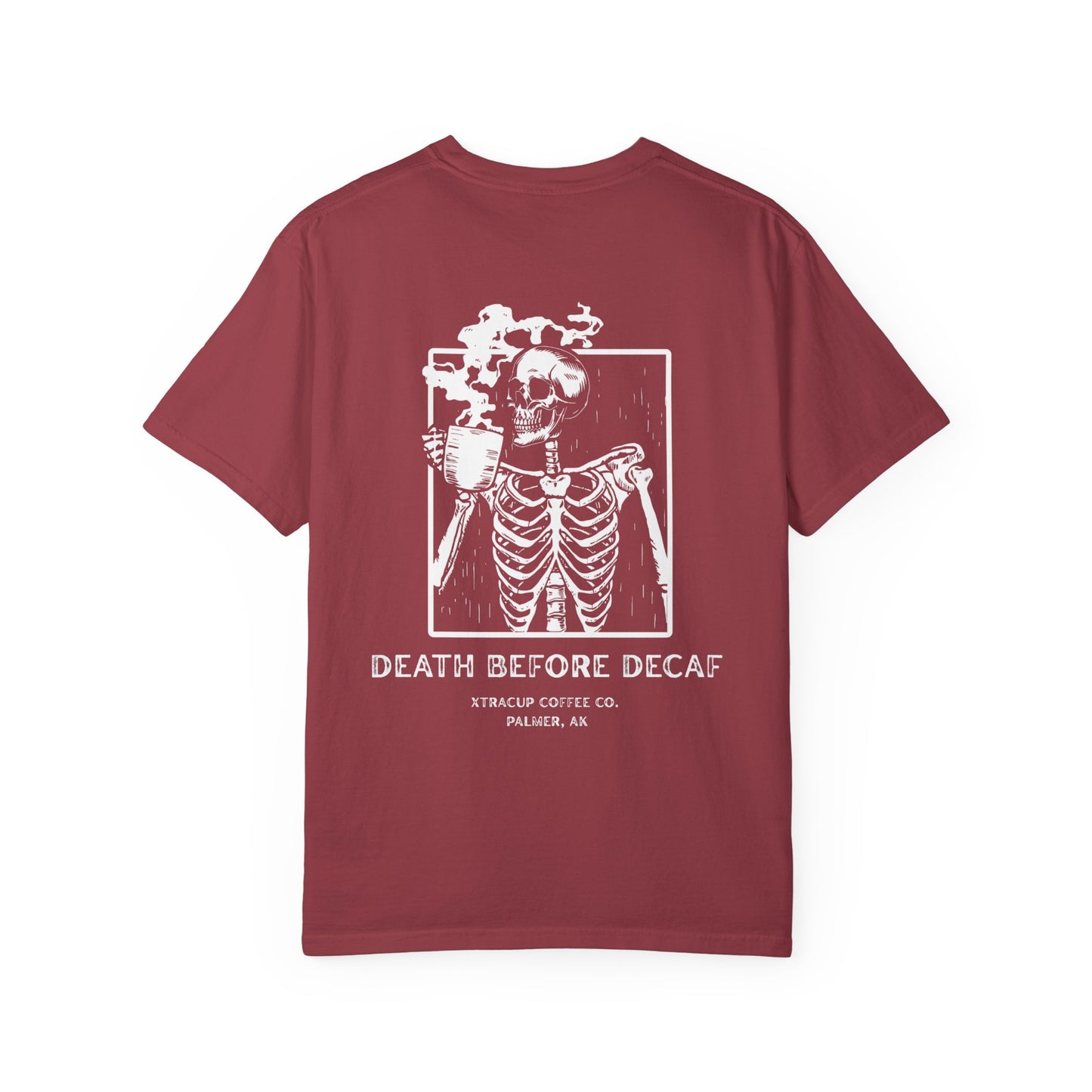 Gothic Coffee Lover T-Shirt, Unisex Skeleton Shirt, Death Before Decaf Tee, Halloween Apparel, Graphic Tee for Coffee Enthusiasts