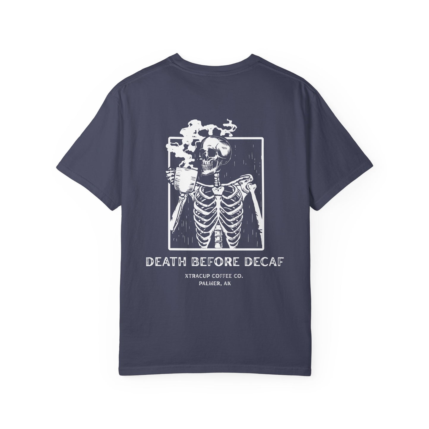 Gothic Coffee Lover T-Shirt, Unisex Skeleton Shirt, Death Before Decaf Tee, Halloween Apparel, Graphic Tee for Coffee Enthusiasts