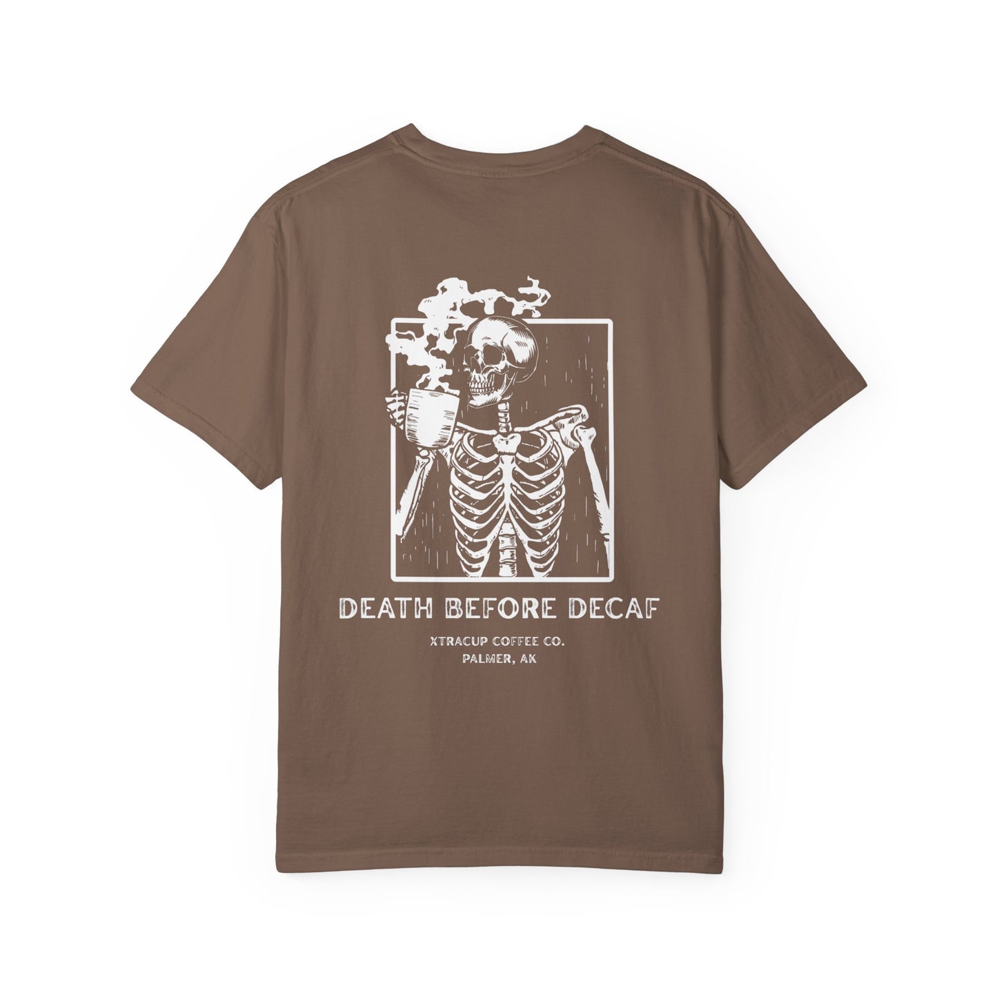 Gothic Coffee Lover T-Shirt, Unisex Skeleton Shirt, Death Before Decaf Tee, Halloween Apparel, Graphic Tee for Coffee Enthusiasts
