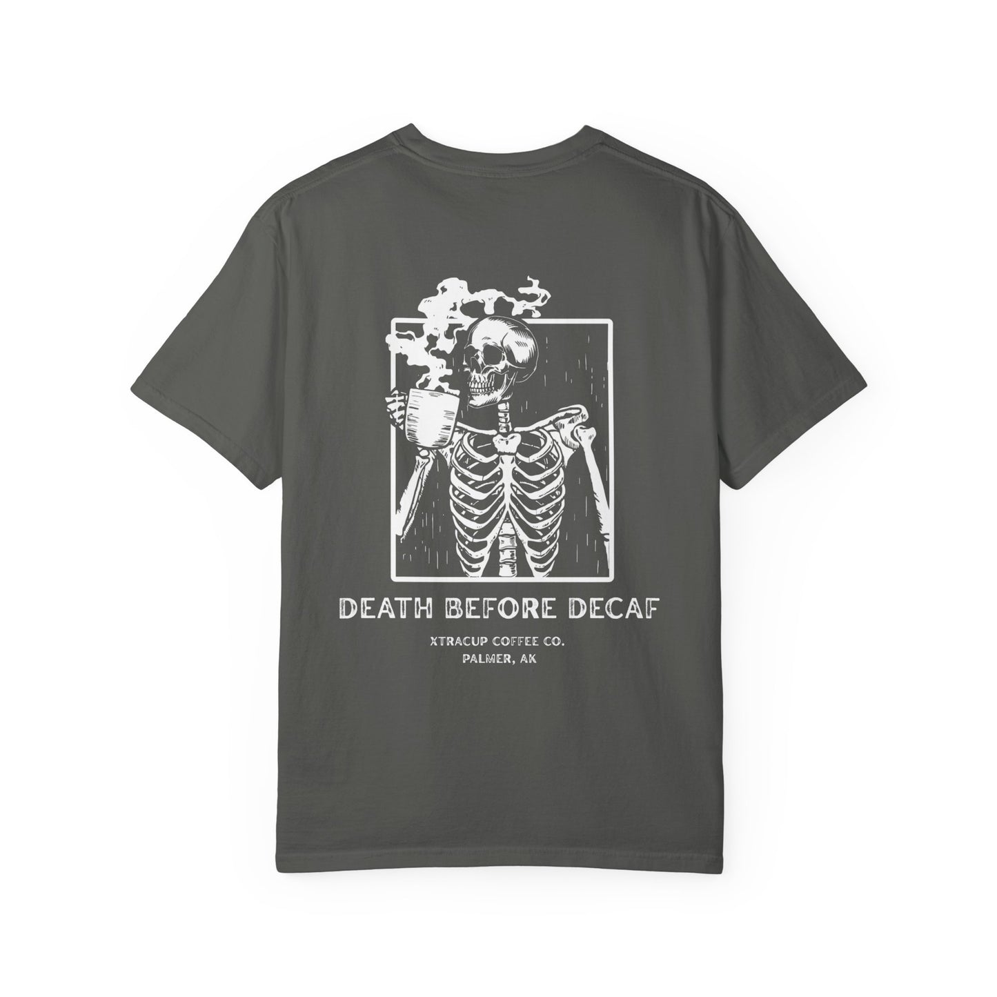 Gothic Coffee Lover T-Shirt, Unisex Skeleton Shirt, Death Before Decaf Tee, Halloween Apparel, Graphic Tee for Coffee Enthusiasts