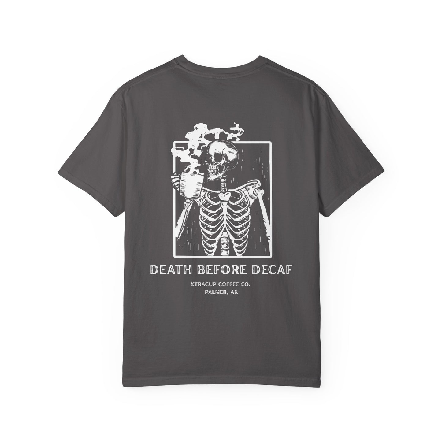 Gothic Coffee Lover T-Shirt, Unisex Skeleton Shirt, Death Before Decaf Tee, Halloween Apparel, Graphic Tee for Coffee Enthusiasts