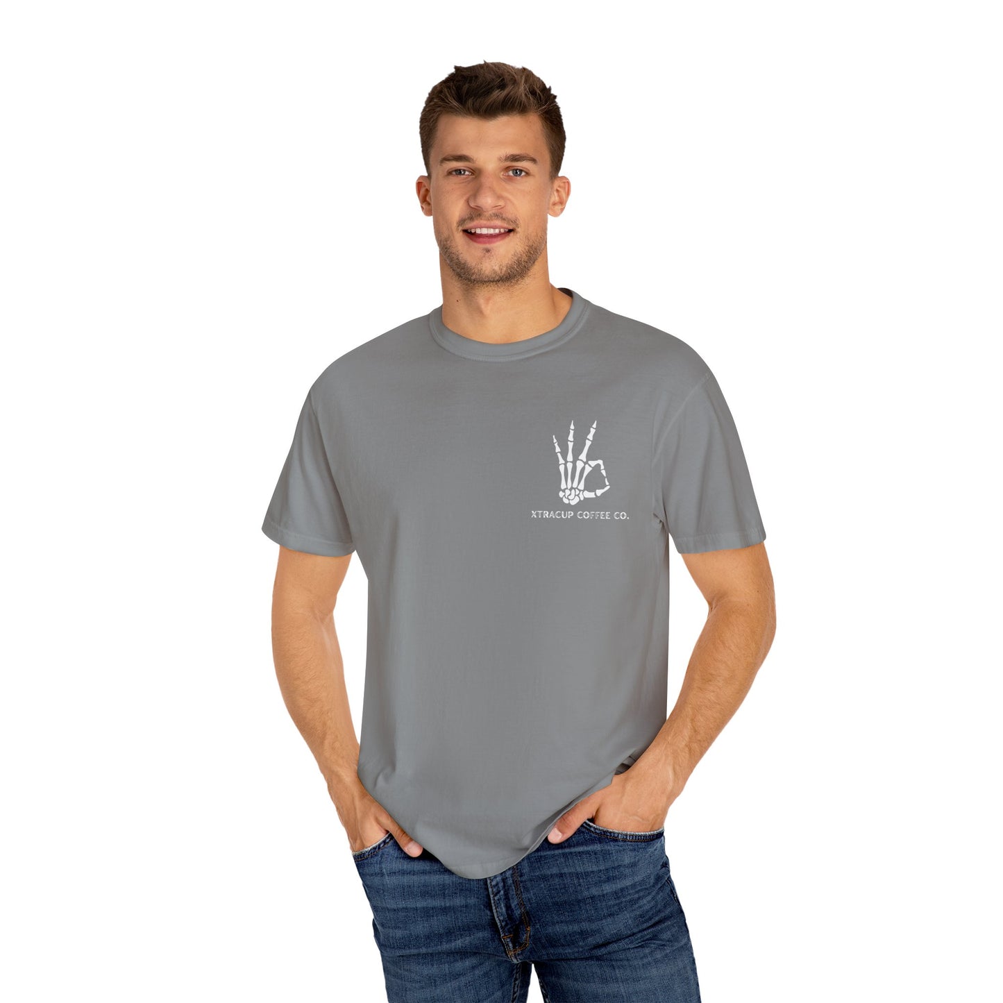 Gothic Coffee Lover T-Shirt, Unisex Skeleton Shirt, Death Before Decaf Tee, Halloween Apparel, Graphic Tee for Coffee Enthusiasts