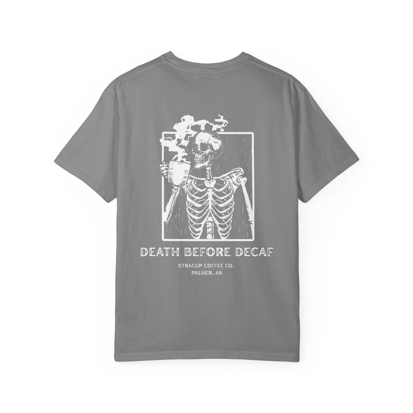 Gothic Coffee Lover T-Shirt, Unisex Skeleton Shirt, Death Before Decaf Tee, Halloween Apparel, Graphic Tee for Coffee Enthusiasts