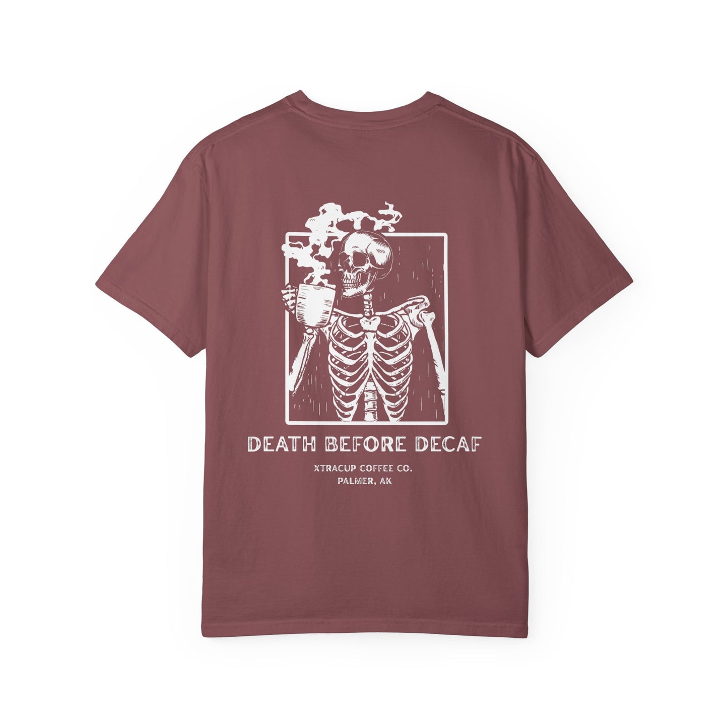 Gothic Coffee Lover T-Shirt, Unisex Skeleton Shirt, Death Before Decaf Tee, Halloween Apparel, Graphic Tee for Coffee Enthusiasts
