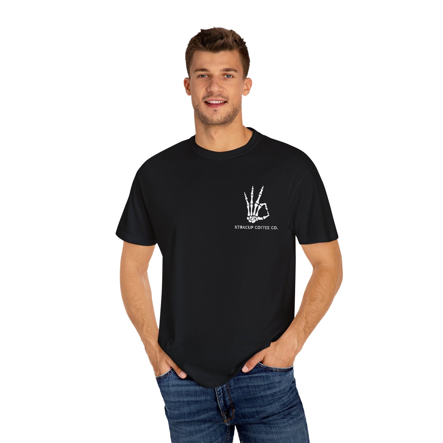 Gothic Coffee Lover T-Shirt, Unisex Skeleton Shirt, Death Before Decaf Tee, Halloween Apparel, Graphic Tee for Coffee Enthusiasts