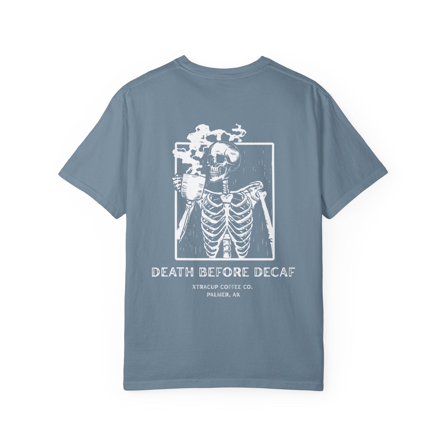 Gothic Coffee Lover T-Shirt, Unisex Skeleton Shirt, Death Before Decaf Tee, Halloween Apparel, Graphic Tee for Coffee Enthusiasts