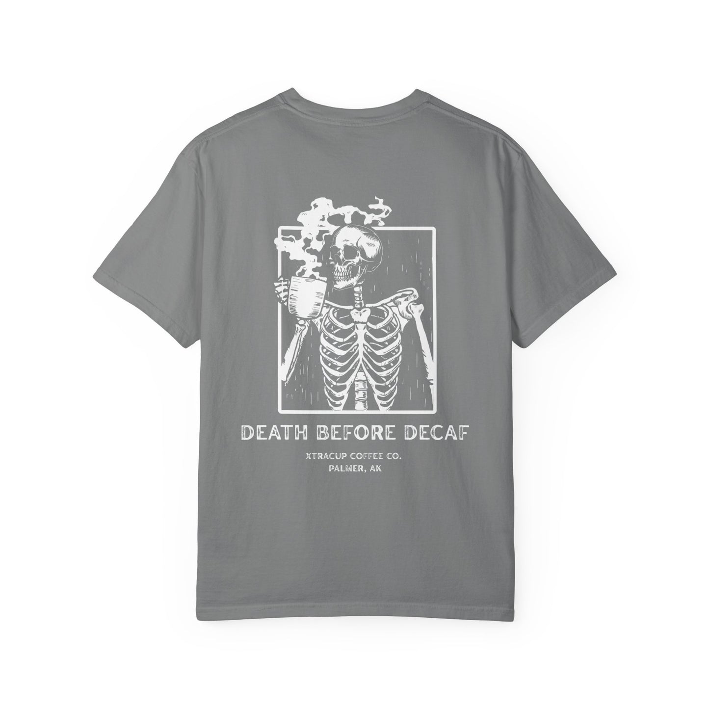 Gothic Coffee Lover T-Shirt, Unisex Skeleton Shirt, Death Before Decaf Tee, Halloween Apparel, Graphic Tee for Coffee Enthusiasts
