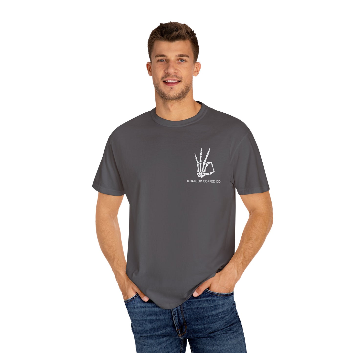 Gothic Coffee Lover T-Shirt, Unisex Skeleton Shirt, Death Before Decaf Tee, Halloween Apparel, Graphic Tee for Coffee Enthusiasts