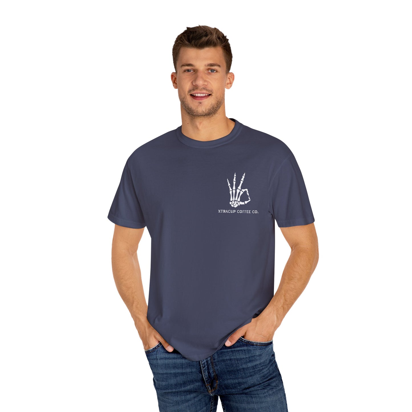 Gothic Coffee Lover T-Shirt, Unisex Skeleton Shirt, Death Before Decaf Tee, Halloween Apparel, Graphic Tee for Coffee Enthusiasts
