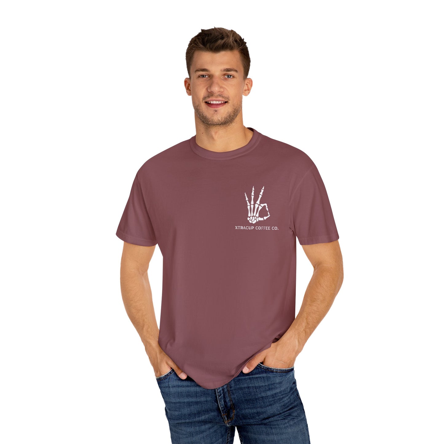 Gothic Coffee Lover T-Shirt, Unisex Skeleton Shirt, Death Before Decaf Tee, Halloween Apparel, Graphic Tee for Coffee Enthusiasts