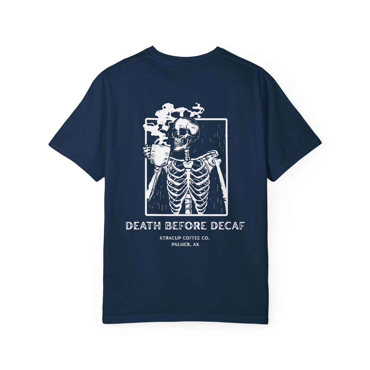 Gothic Coffee Lover T-Shirt, Unisex Skeleton Shirt, Death Before Decaf Tee, Halloween Apparel, Graphic Tee for Coffee Enthusiasts