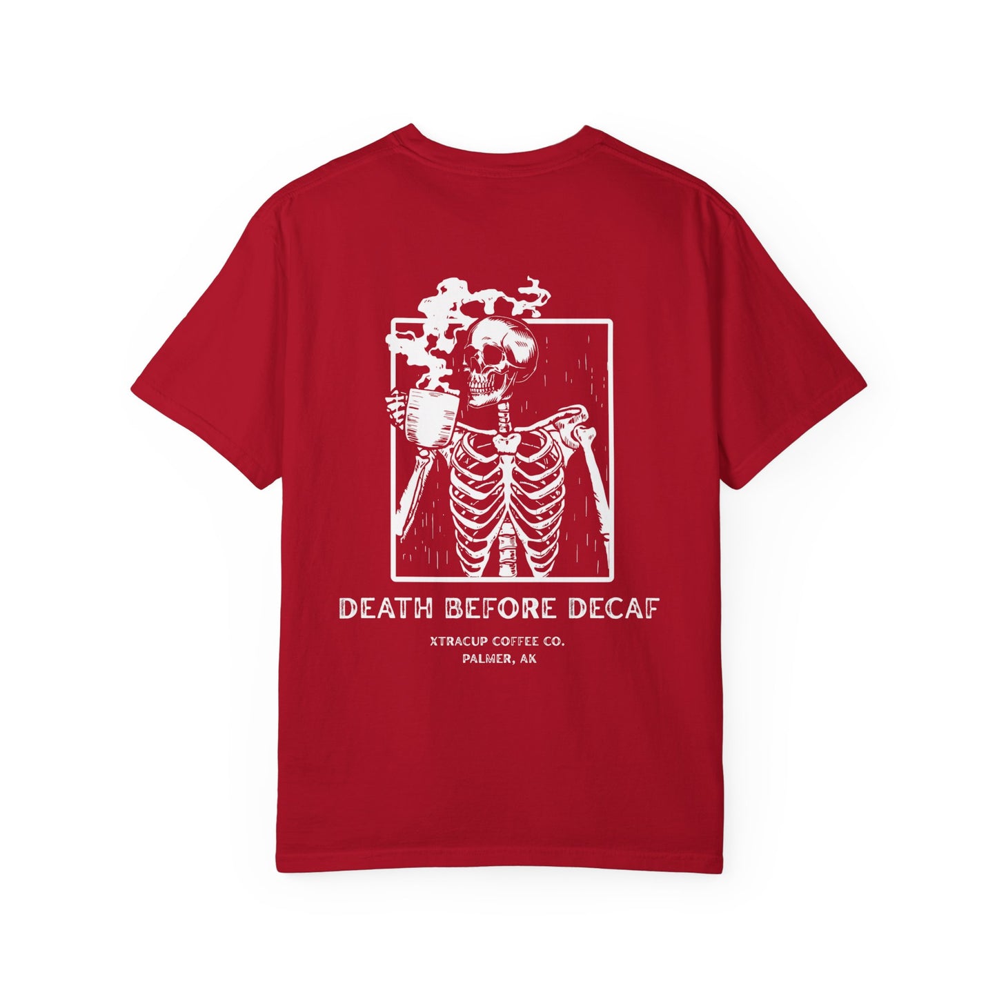 Gothic Coffee Lover T-Shirt, Unisex Skeleton Shirt, Death Before Decaf Tee, Halloween Apparel, Graphic Tee for Coffee Enthusiasts